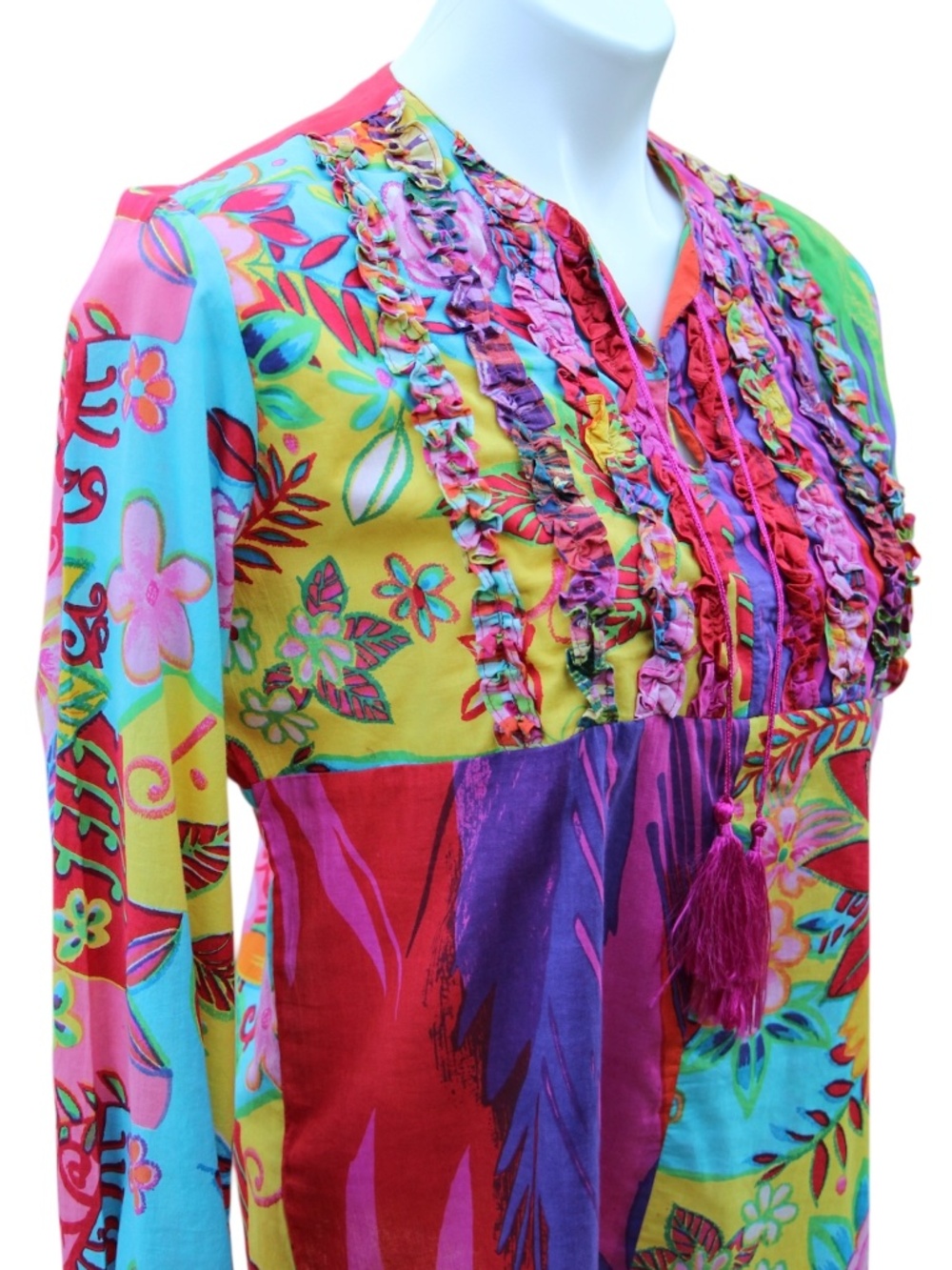 Sandy Starkman Tunic Top Artsy Boho Ruffle Front Size M Lightweight Cotton